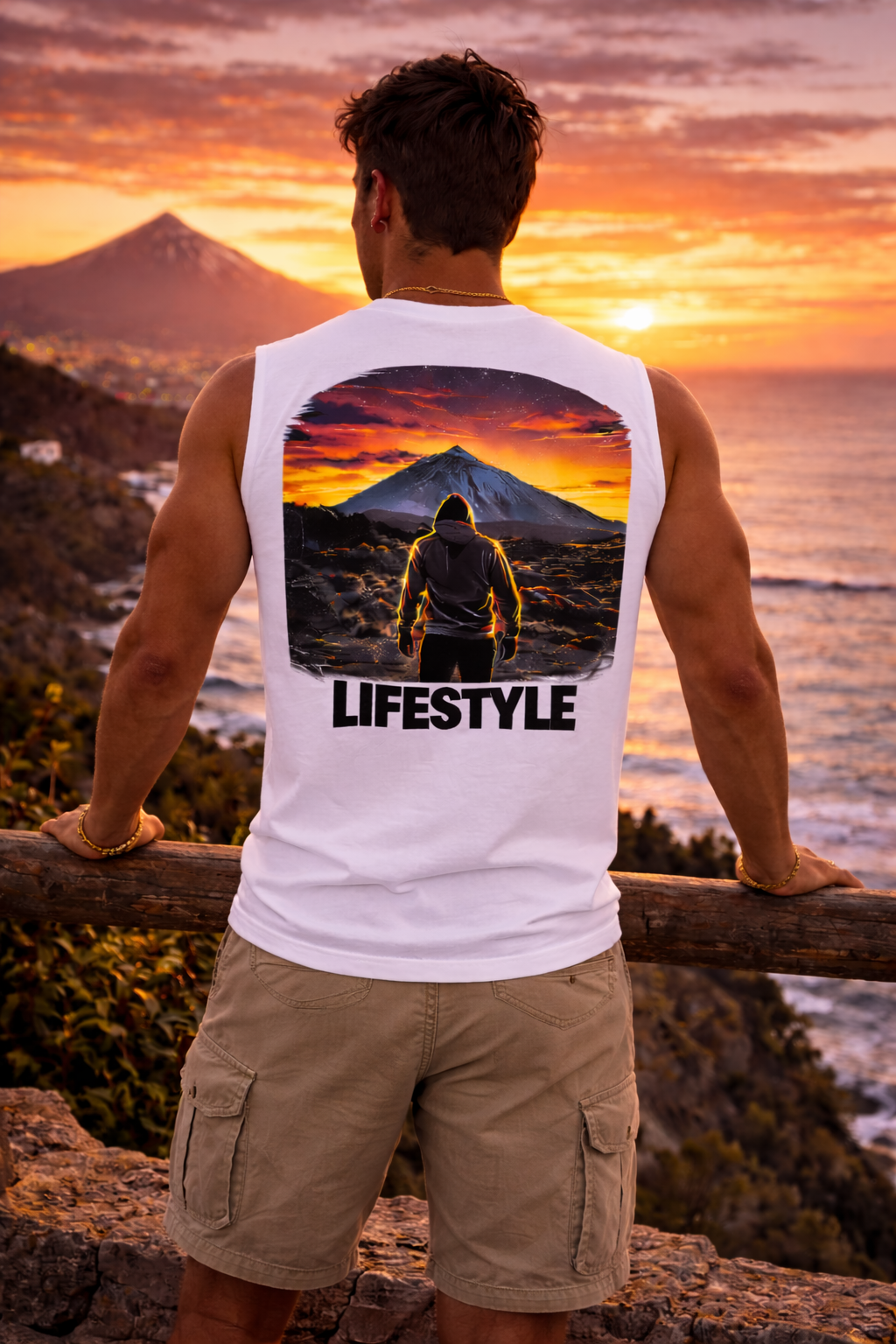 Lifestyle Canarias – Camiseta Hombre Teide Sunset (blanca)